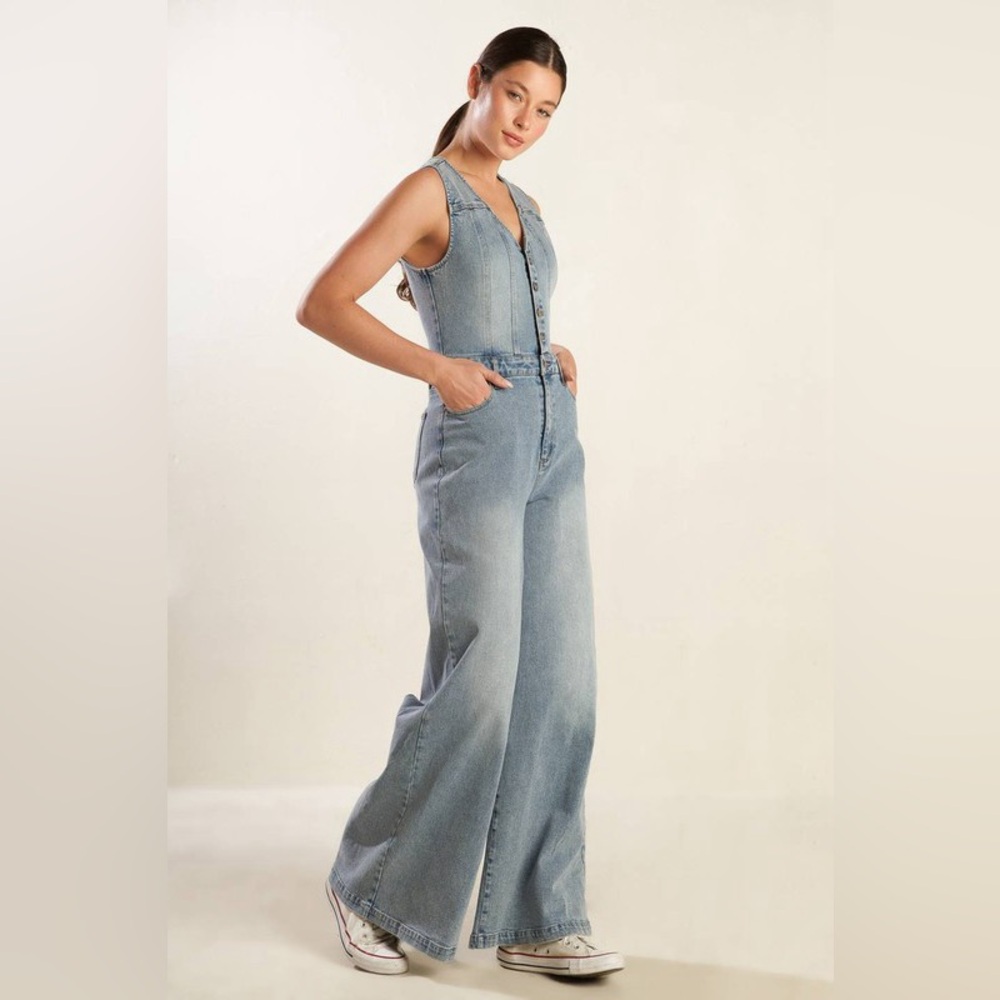 Western Mid Wash Denim Jumpsuit – Wide Leg One-Piece - Picture 6 of 10